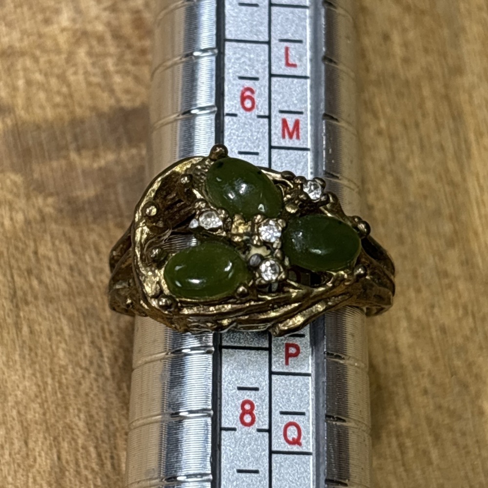 Vintage 1970s Uncas Brutalist Green Glass Cabochon Rhinestone Ring Size 7